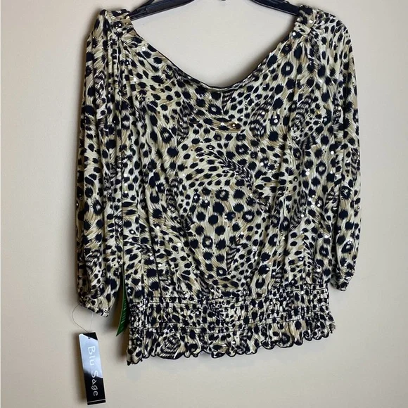 Blu Sage‎ Black and Cream Leopard Print Blouse with Sequins. - Picture 2 of 5